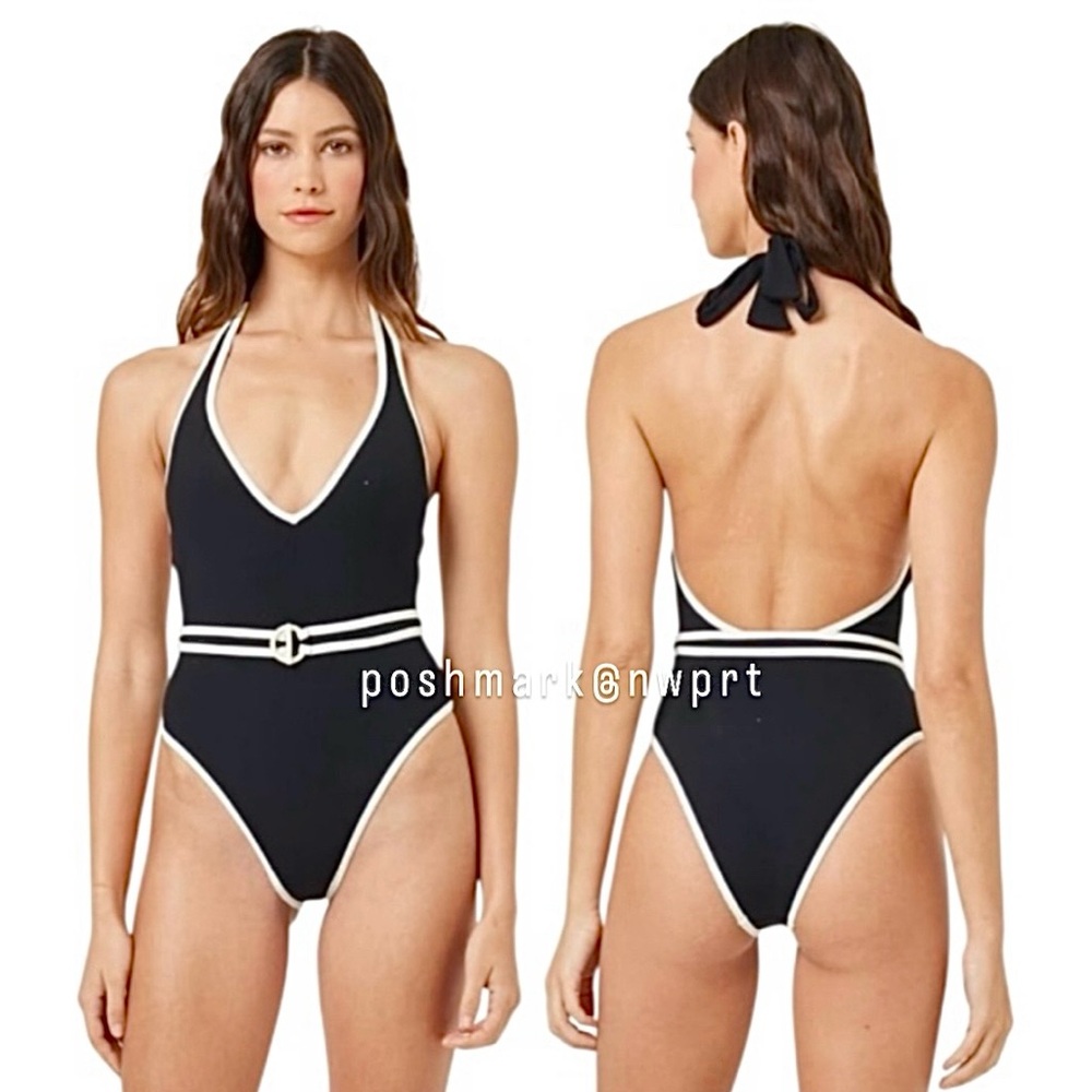 NWT 💯 L*Space Caicos One Piece Belted Halter Swimsuit Swimwear Black White XS - Picture 2 of 14